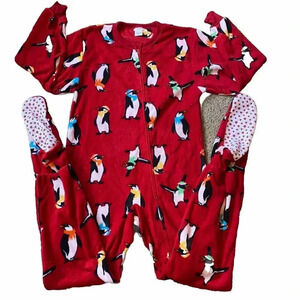 Y2K Cherokee Sleepwear Footies Pajamas Jumpsuit Red Penguins Full Zip Junior M